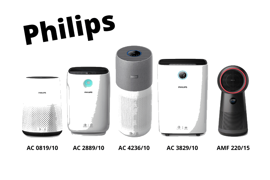 Verschiedene Philips Luftreiniger und Raumklimageräte stehen nebeneinander im Test und Vergleich